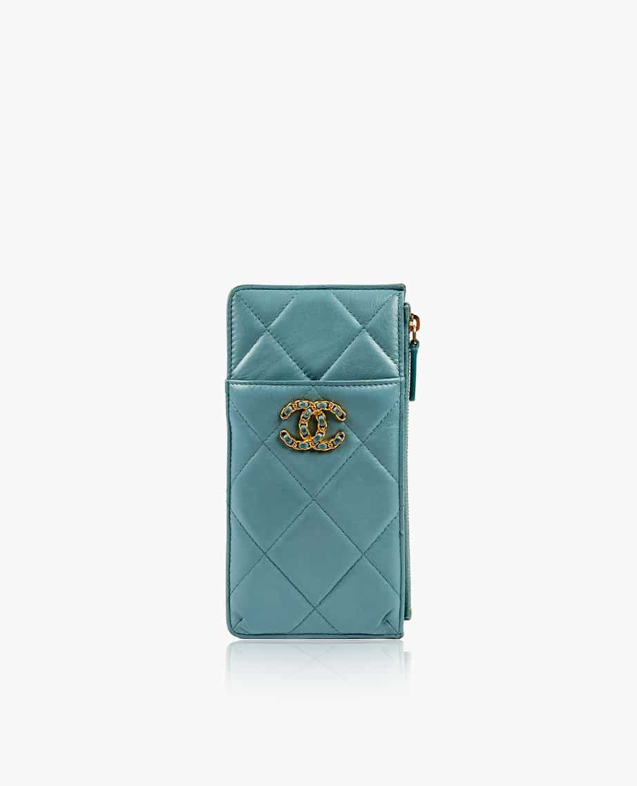 Chanel 19 Blue Zip Coin and Card Purse Quilted Lambskin Wallet