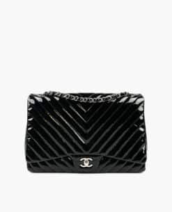 Chanel Black Chevron Quilted Patent Leather Classic Maxi Jumbo Single Flap Bag