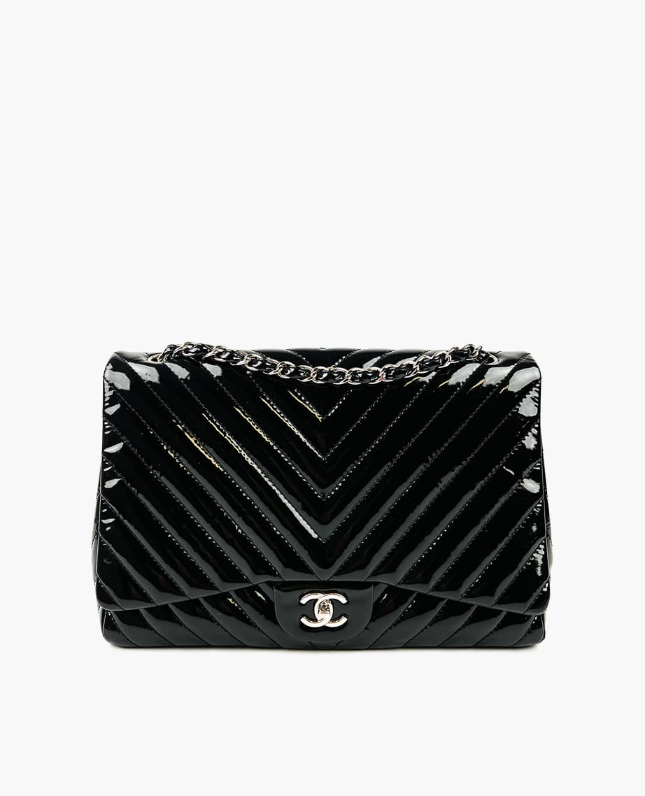 Chanel Black Chevron Quilted Patent Leather Classic Maxi Jumbo Single Flap Bag