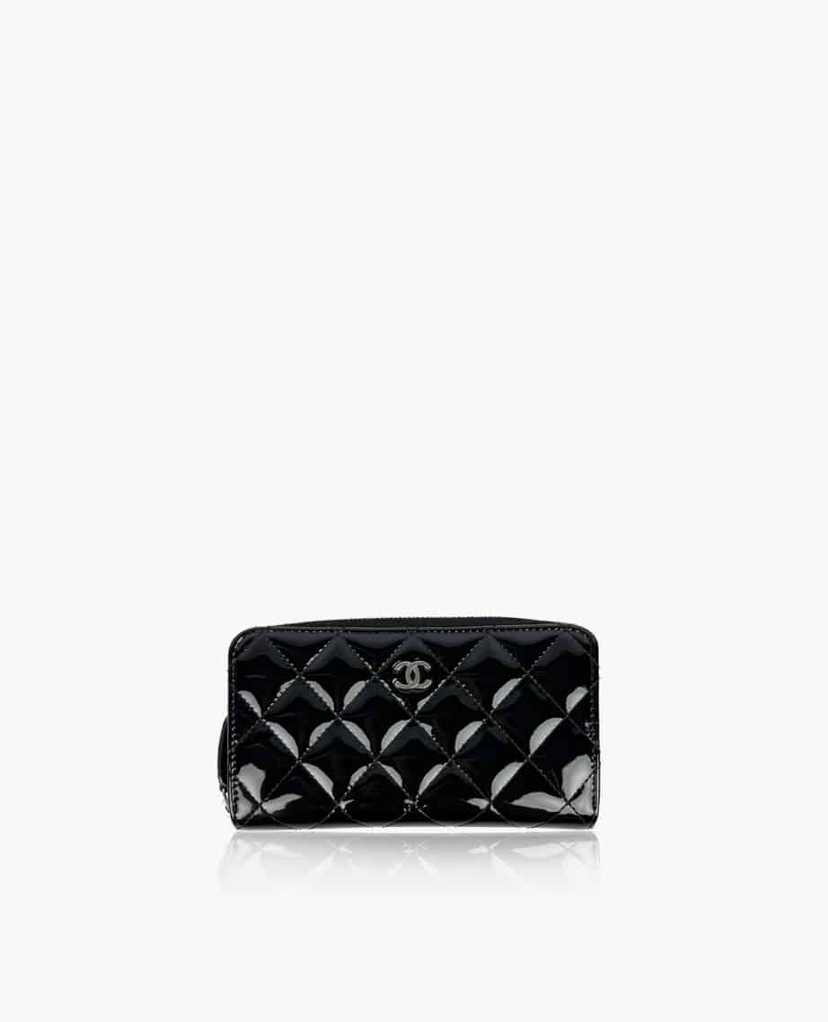 Chanel Classic Zip Wallet Black Patent Leather RHW