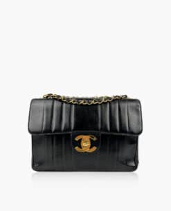 Chanel Jumbo Vintage Black Lambskin Leather Vertical Quilted Single Flap Bag GHW