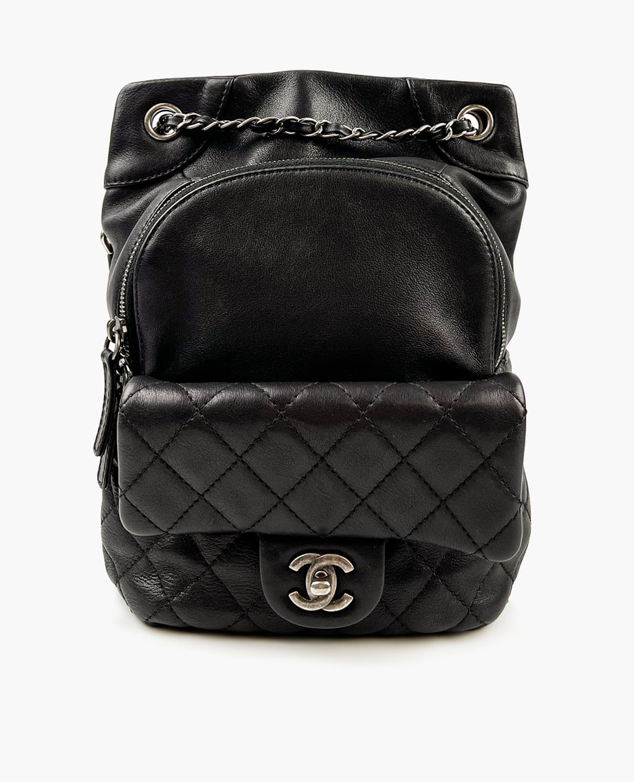 Chanel Pewter Black Quilted Calfskin Drawstring Backpack RHW