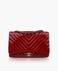 Chanel Timeless Jumbo Single Flap Bag in Red Patent Leather Chevron SHW