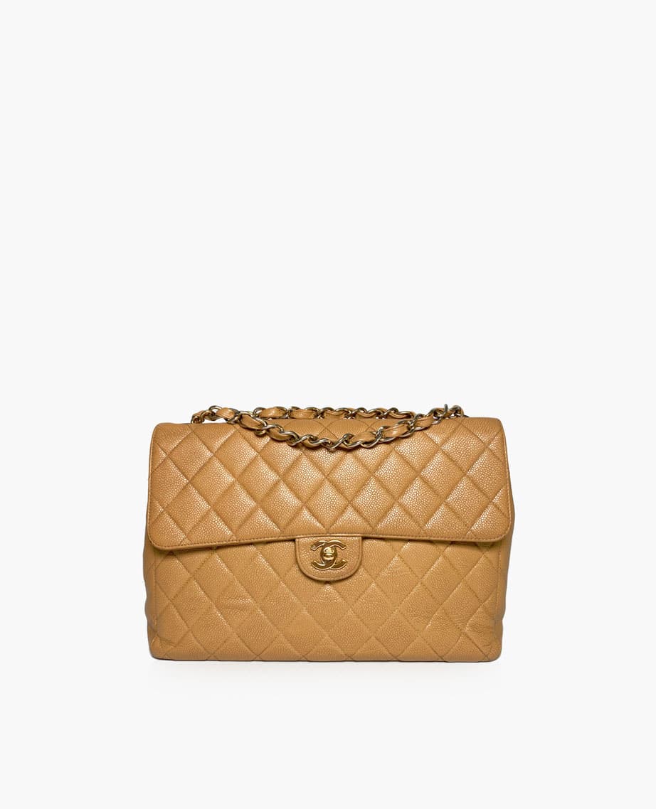 Chanel Vintage Beige Caviar Jumbo Single Flap Bag GHW