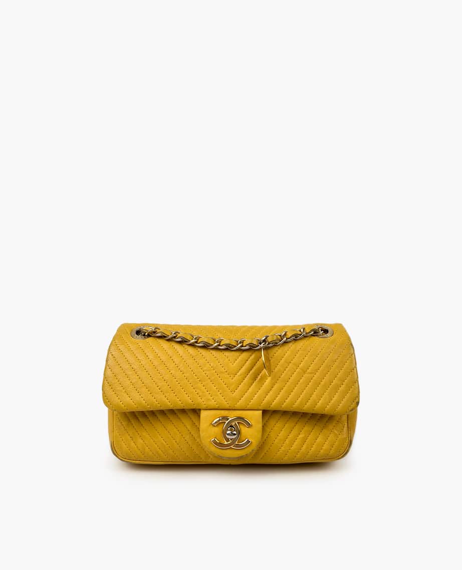 Chanel Yellow CC Medallion Charm Chevron Flap Bag