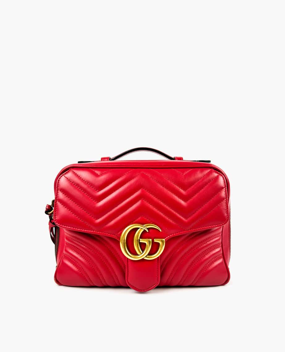 Gucci GG Marmont Zip Around Camera Bag in Red Matelasse Leather